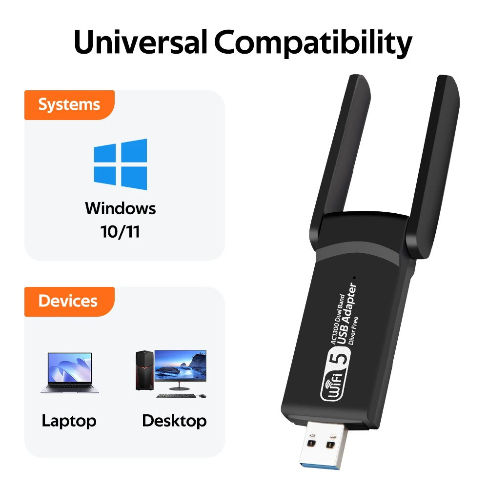 Adaptador usb wi-fi banda dupla 2.4g/5ghz 1300m dongle wi-fi 802.11ac antena poderosa sem fio para win7/10/11 pc/laptop driver grátis