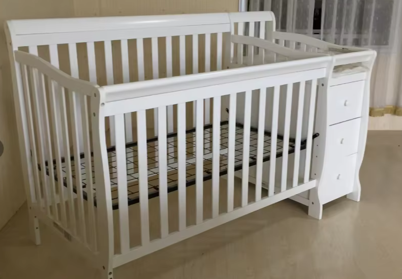 Cuna convertible de madera maciza blanca: altura ajustable, cajón de almacenamiento, certificación EN716/CPC