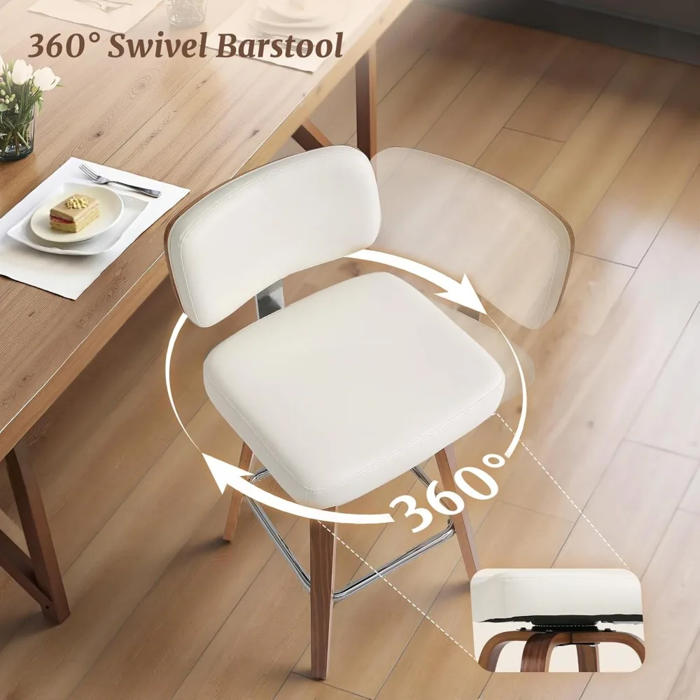 Swivel Counter Height Bar Stools Set of 3, 26" Upholstered Seat Barstools with Back Walnut Wood Legs, Mid-Century PU Leather Bar