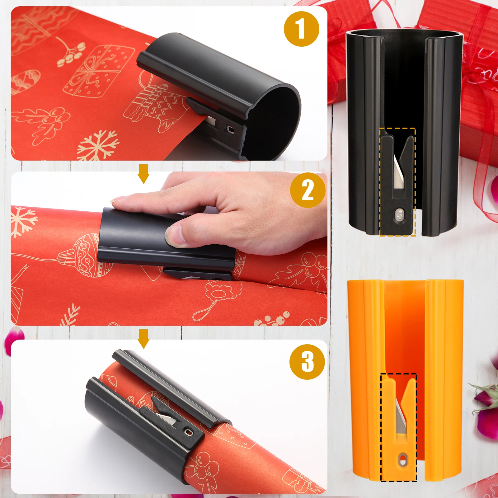 เครื่องตัดกระดาษห่อแบบเลื่อน HORN - เครื่องตัดห่อของขวัญ Easy-Glide สําหรับคริสต์มาสและวันเกิด ABS ทนทาน สีส้ม/สีดํา