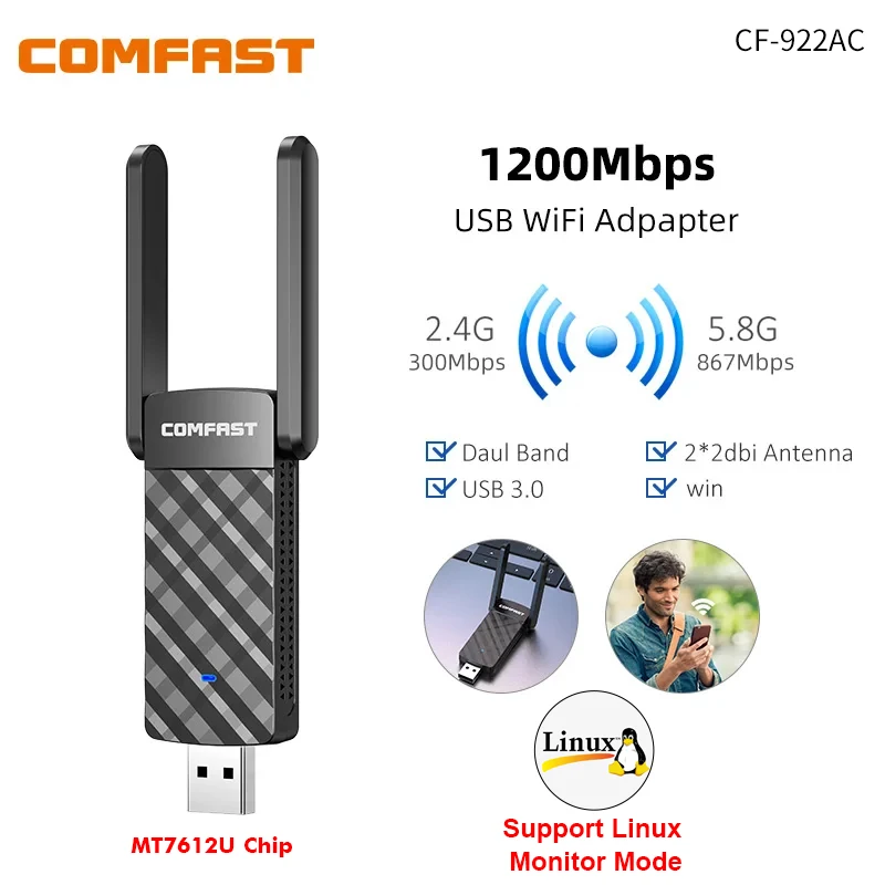 COMFAST 1200M Адаптер Wi-Fi Usb 5 ГГц Ethernet Lan Сетевые карты MT7612U Беспроводной Para De Rede Tarjeta Приемник Linux