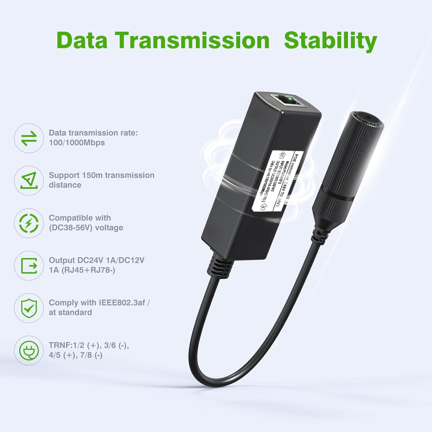 Konwerter Gigabit PoE 48V na 24V PoE, wyjście portu RJ45 24V/1A, IEEE802.3af/at dla pasywnych urządzeń 24V