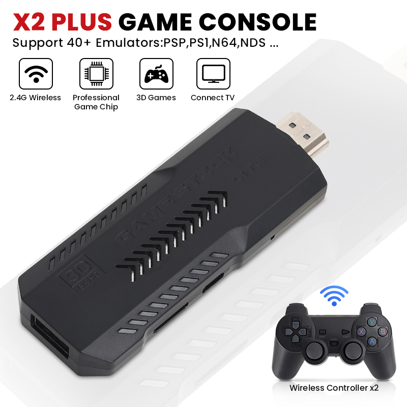 Novo x2 plus game stick 4k hd console de videogame 2.4g duplo controlador sem fio game stick para n64/psp/ps1/gba