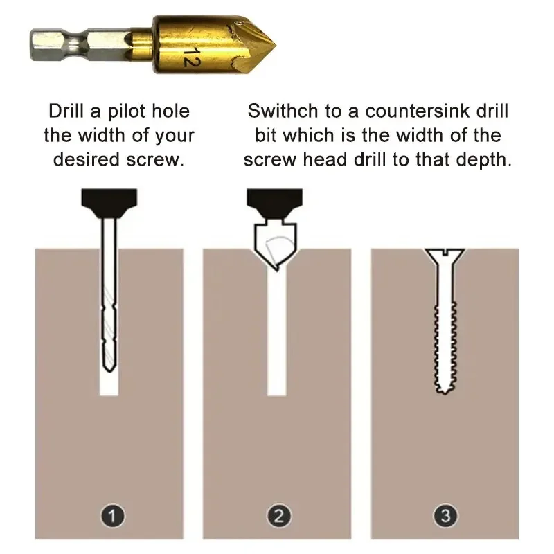 6PC Hexagonal Handle Titanium Plated Five Edge Chamfering Knife Countersunk Drill 6-19mm Woodworking Spot Facer Tool Set