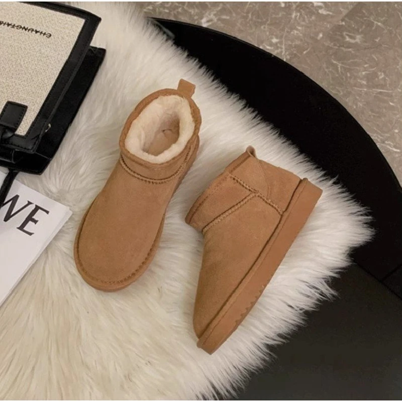 2025 novas botas de neve de camurça feminina – botas de tornozelo de plataforma grossa com forro de lã, sapatos quentes de inverno antiderrapantes