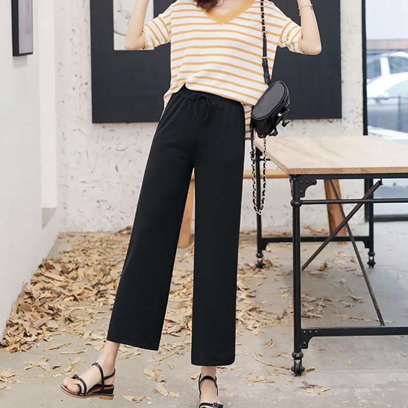 Pantalones de pierna ancha hasta el tobillo para mujer, pantalón informal de cintura elástica sólida, pantalones sueltos de seda de hielo, primavera y verano