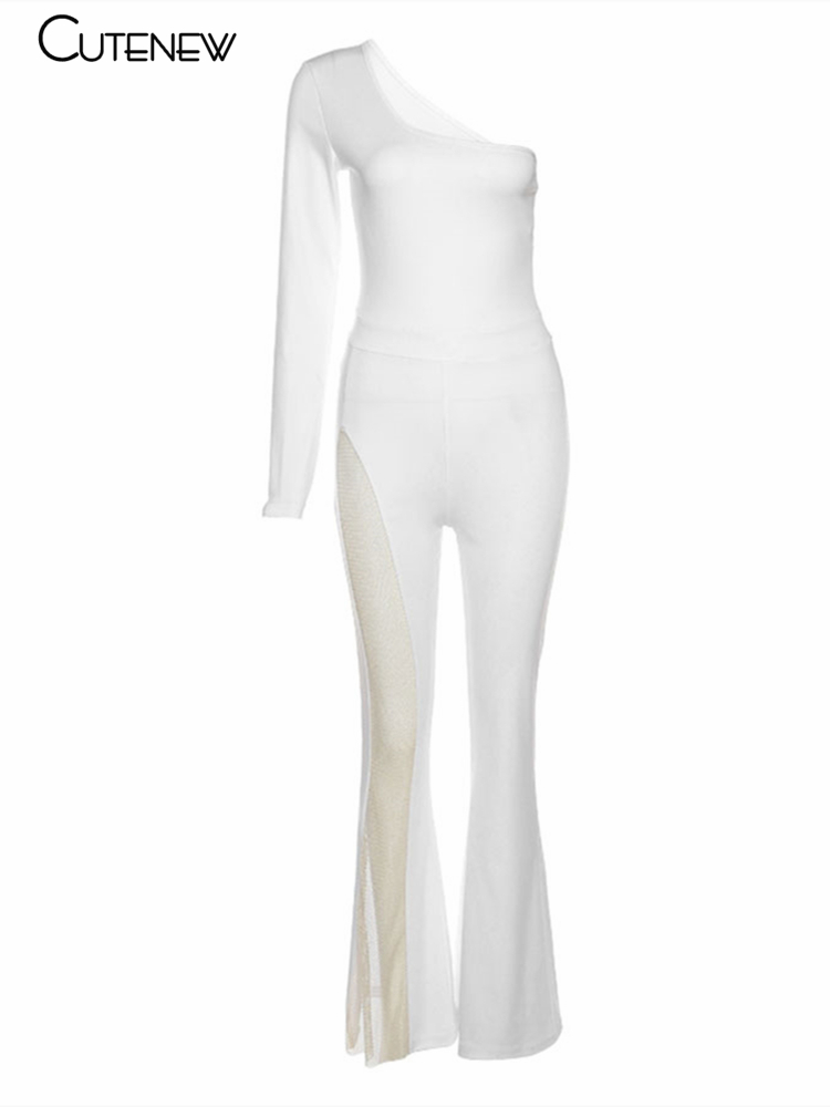 Cutenew セクシーなメッシュパッチワークワンショルダーロンパース女性エレガントな固体スキニーフレアパンツジャンプスーツファッションレディパーティーストリート