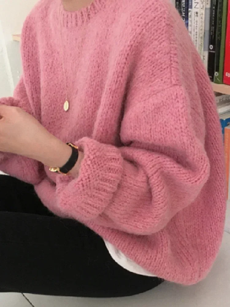 Suéter rosa de 10 colores para mujer, suéteres de invierno para mujer, jersey de punto para mujer, prendas de vestir exteriores de punto holgadas de manga larga, color blanco