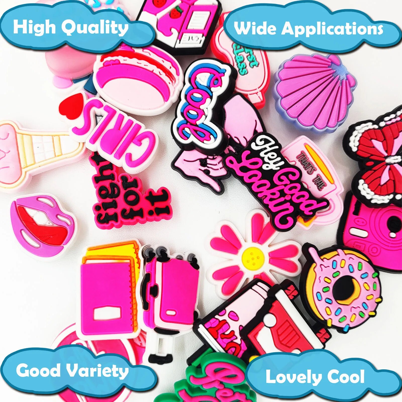 35 pçs rosa série sapato encantos para tamancos sapato diy decoração de qualidade premium popular encantos acessórios bolha slides sandálias, fotovoltaico