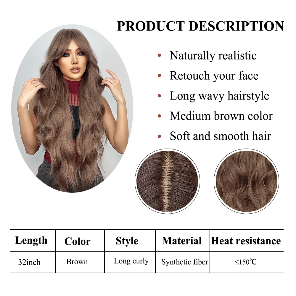 Perruques synthétiques bouclées Super longues marron chocolat avec frange, perruque de Cosplay Afro ondulée naturelle résistante à la chaleur pour femmes