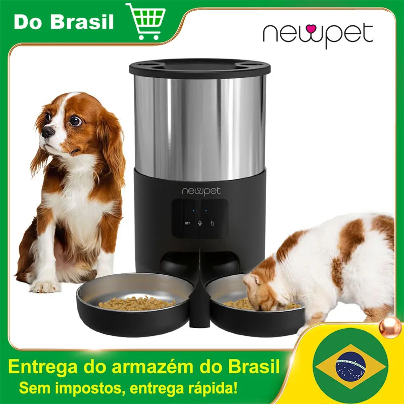 Newpet WiFi Alimentadores Automáticos para Gatos para 2 Gatos Distribuidor de alimentos para gatos de 4 litros com controle de APP Alarmes de baixo nível de comida em tigelas duplas de aço inoxidável