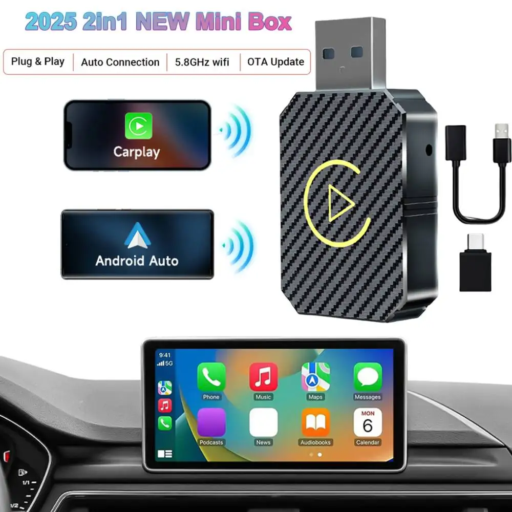 2025 NEUER kabelloser CarPlay Android Auto Wireless Adapter WiFi BT 2in1 Smart Dongle Plug and Play Wireless Mini Box Fast Connect