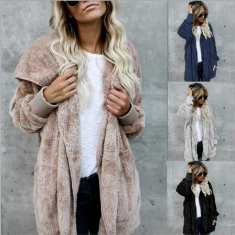 Outono inverno duplo velo cardigan jaqueta feminina cor sólida manga longa de pelúcia quente com capuz senhora jaqueta oversized outerwear casaco