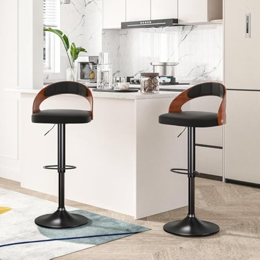 Bar Stool Set of 4, Island Stools w/Bentwood Back, Arm&Footrest, Island Chairs Adjustable Height PU Leather Cushion Seat
