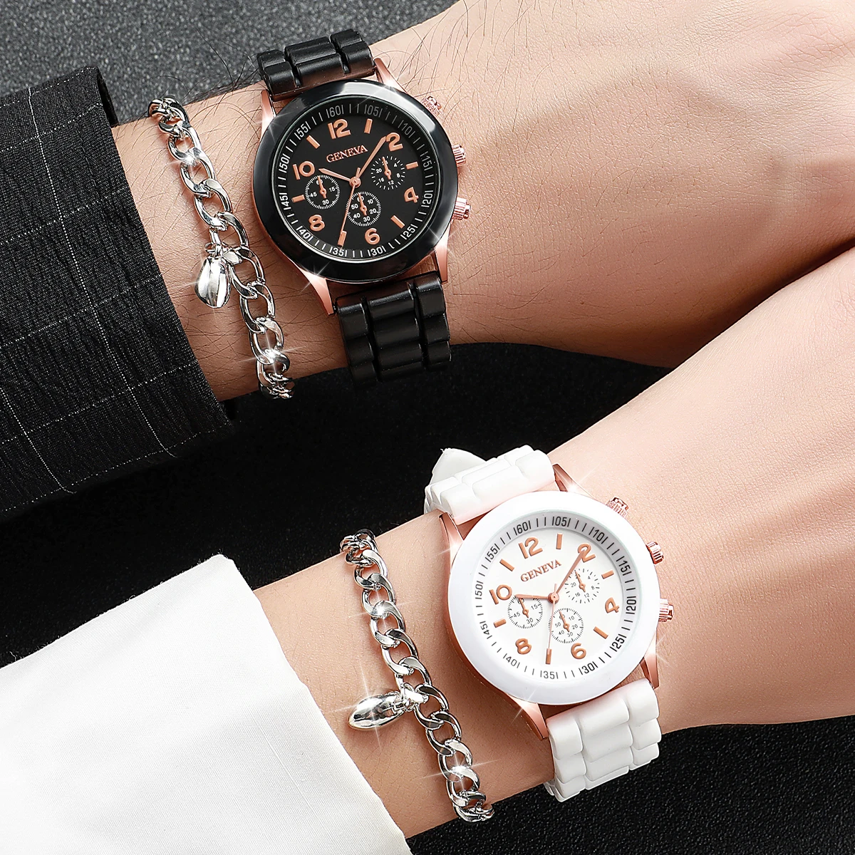 4 Pçs/set Casais Relógios Moda Banda de Silicone Relógio Analógico de Quartzo Com Pulseiras de Coração