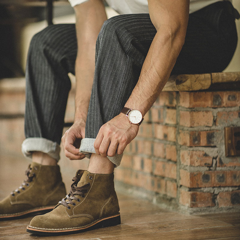 Madenレトロ12.8ozグレーストライプジーンズストレートフィットジップクローゼット付きポケット多目的ハリングボーントラウザーズメンズ秋用