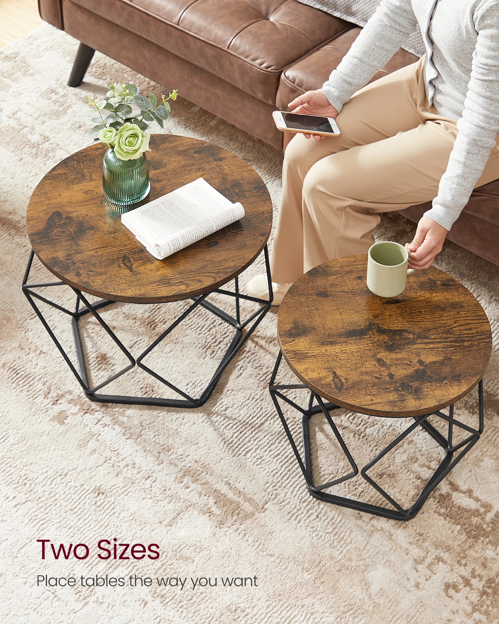 VASAGLE Round Coffee Table, Set of 2, Side Table, Sofa End, Modern Style, Removable Top, Steel Frame, for Living Room