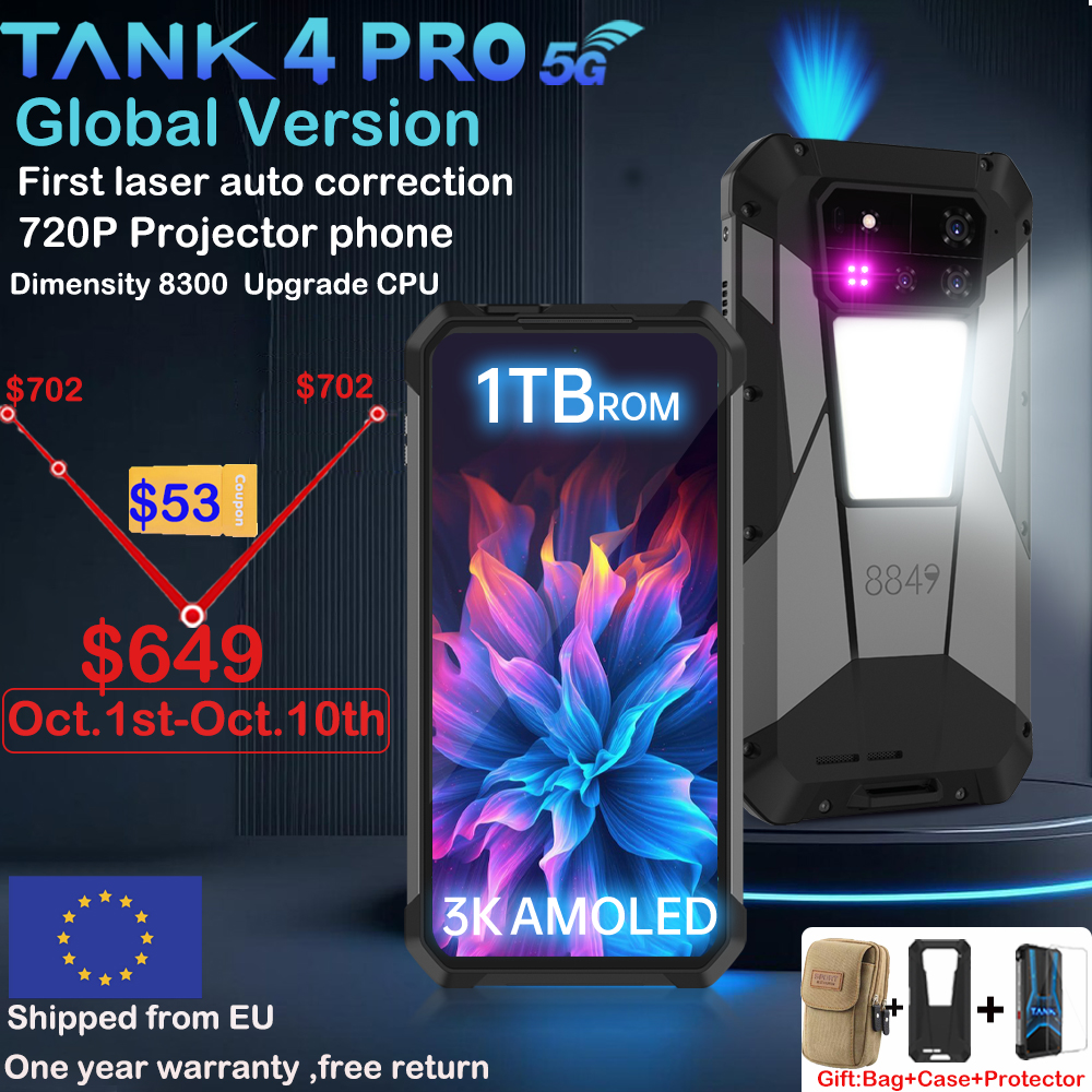 8849 Tank 4 Pro Unihertz 5G Rugged Projector Smartphone 36G 1TB Android 14 Sports Phone 11600mAh Dimensity8300 AMOLED 120HZ