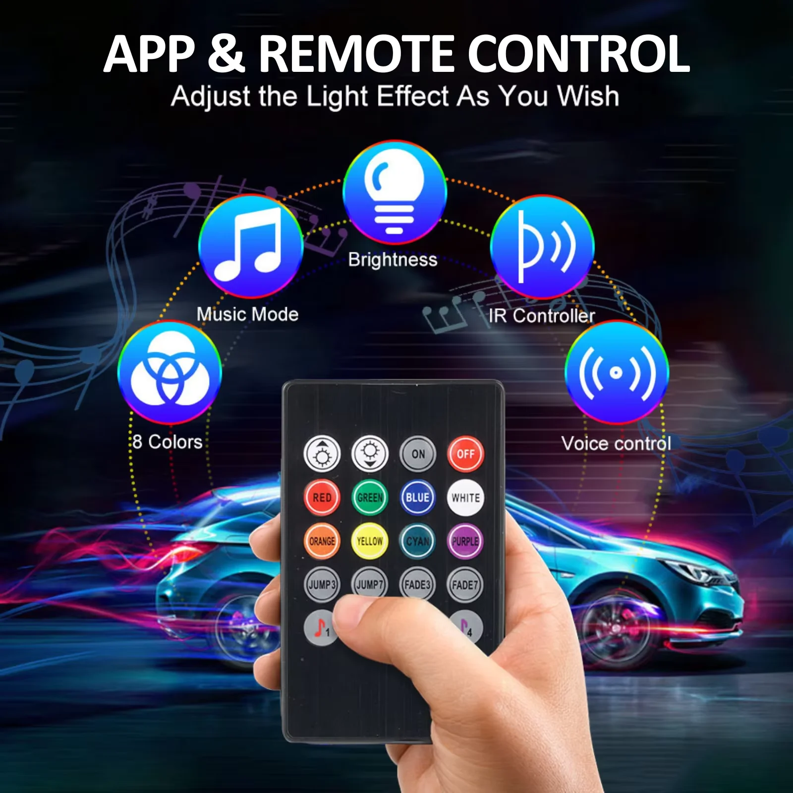 Tira de luces LED de neón para decoración de interiores de automóviles, 48 ​​luces LED RGB multicolores con control remoto y enchufe USB