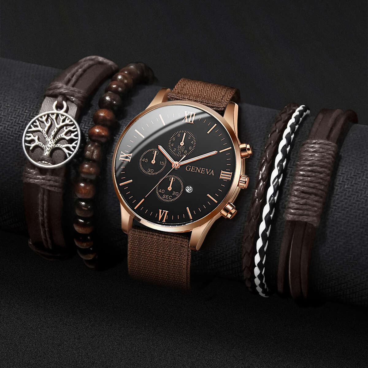 4/5 Uds. Relojes de moda para Hombre, correa de cuero de nailon informal, conjunto de pulseras de Reloj de cuarzo para Hombre, Reloj para Hombre (sin caja)