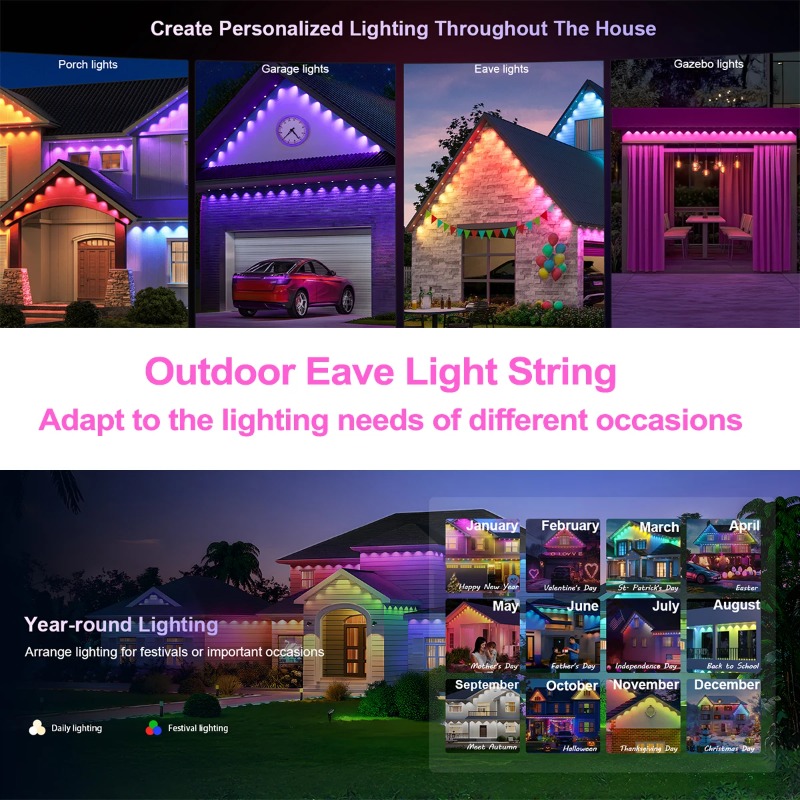 500FT Smart RGB Eave Lights App & Remote IP67 Permanent Outdoor LED String Lights Home New Year Christmas Birthday DIY Lighting