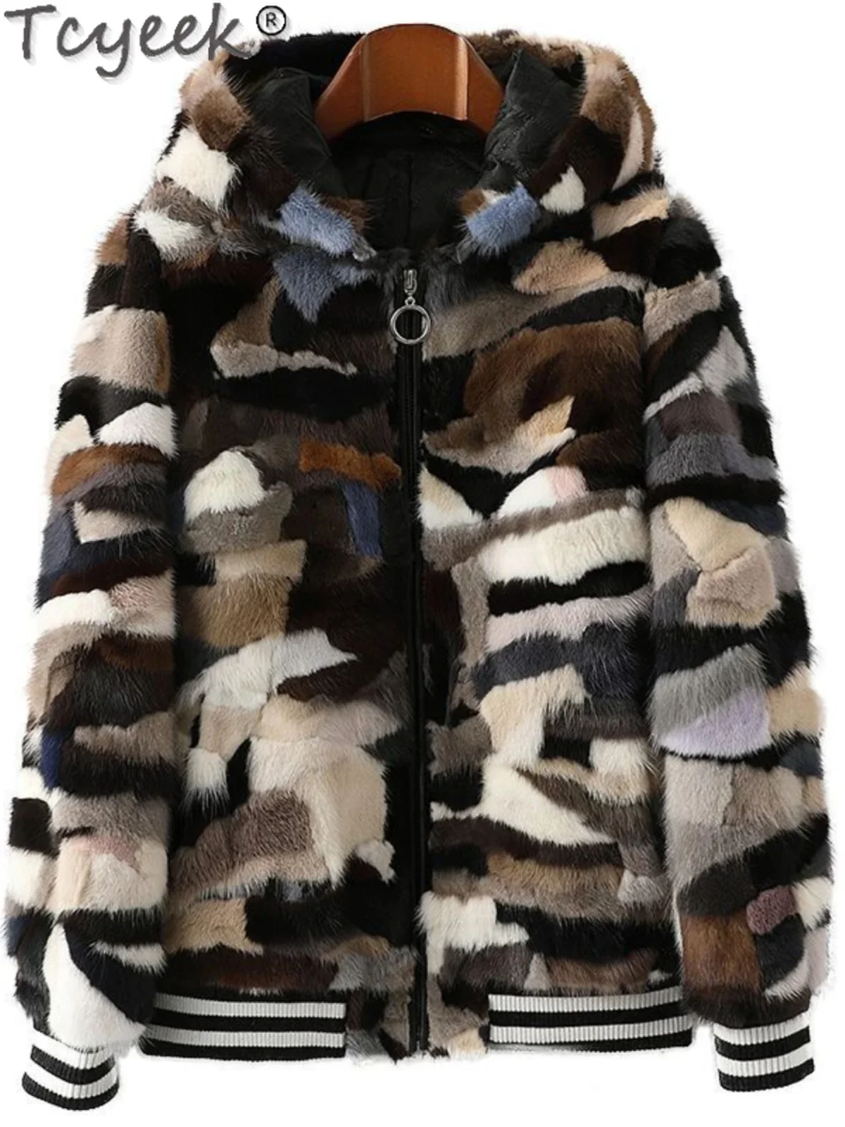 Tcyeek-本物のミンクファーフード付きコート,女性用,暖かいパッチワークジャケット,冬服,2022, 2024