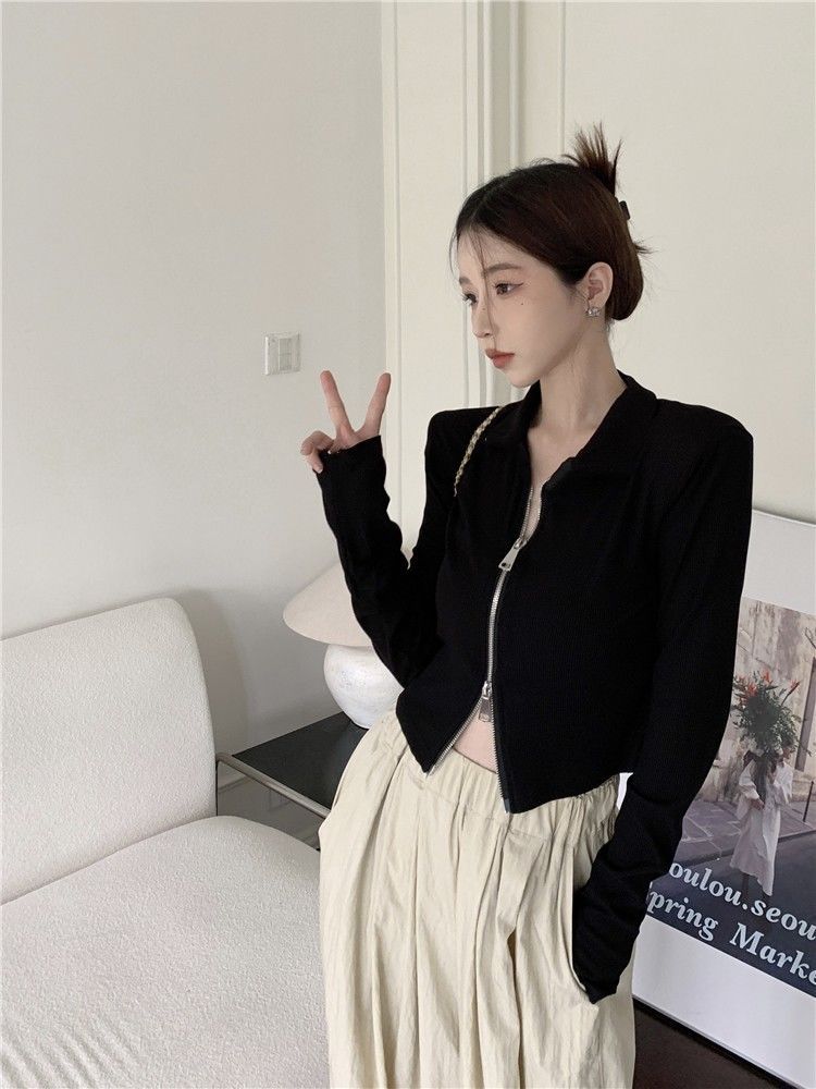 Cardigan de Malha Preto para Mulheres, Casaco de Manga Curta para Primavera e Outono, Csa Base com Zíper Longo, Top Sexy c...