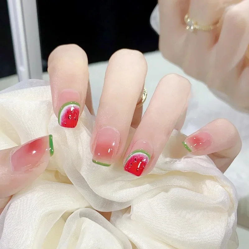 24 unids/caja 2022 lindo y juguetón melancia congelada mujeres niñas arte de uñas uñas postizas ataúd hecho a mano lindo Kawaii uñas de presión