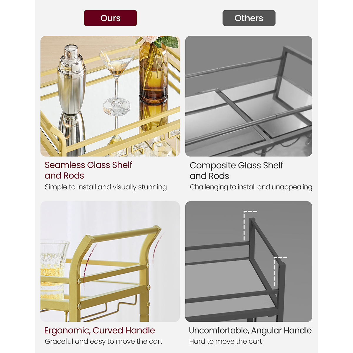 VASAGLE 3-Tier Drinks Trolley, Gold Bar Cart on Wheels, with Handles, Mirrored Glass Shelves, Serving Trolley for Small Spaces