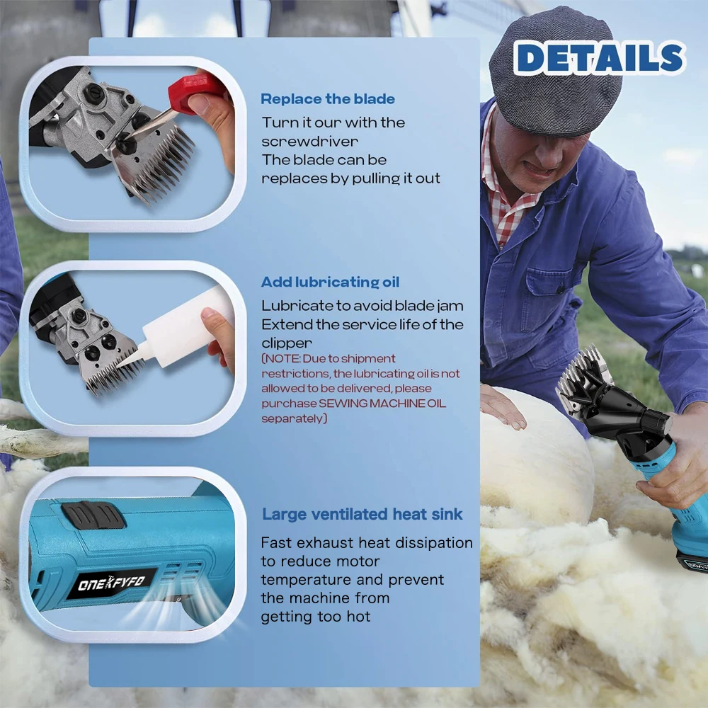 ONEKFYFD Sheep Shears Electric 6 Speed 13 Teeth Shaving Fur Wool in Sheep Goat Cattle with Plastic Box for Makita 18V Battery