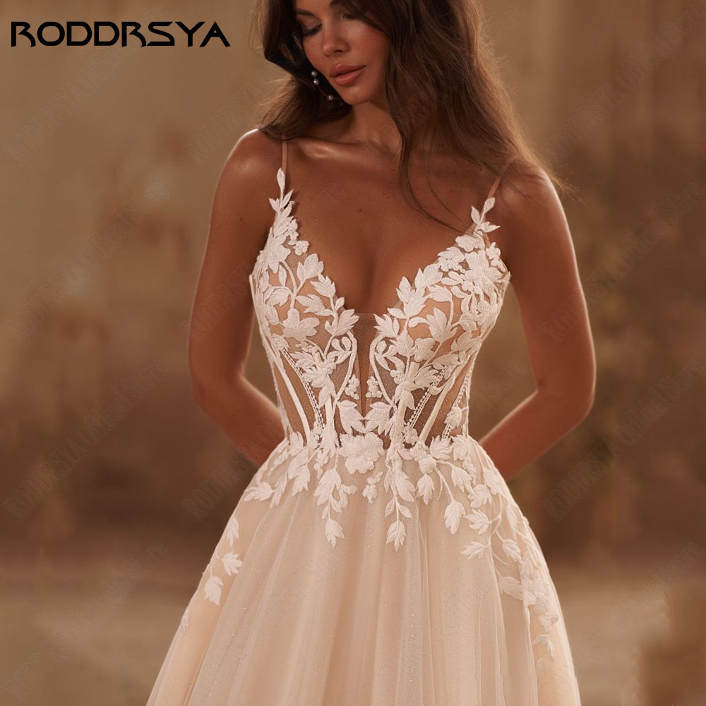 RODDRSYA Itália de ombros finos com um vestido de casamento brilhante V colarinho com um adesivo a um vestido de noiva boêmio brilhante Vestidos De laranja barreira de neve trem vendido gratuitamente personalizado