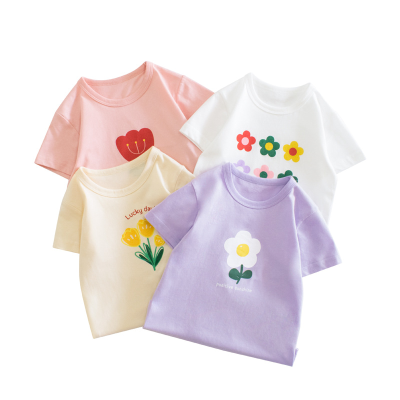 Camisetas manga corta con coreanas de flores para niñas de 2 a 8 años, Tops de algodón para niñas pequeñas, camisetas para bebés, ropa 2024