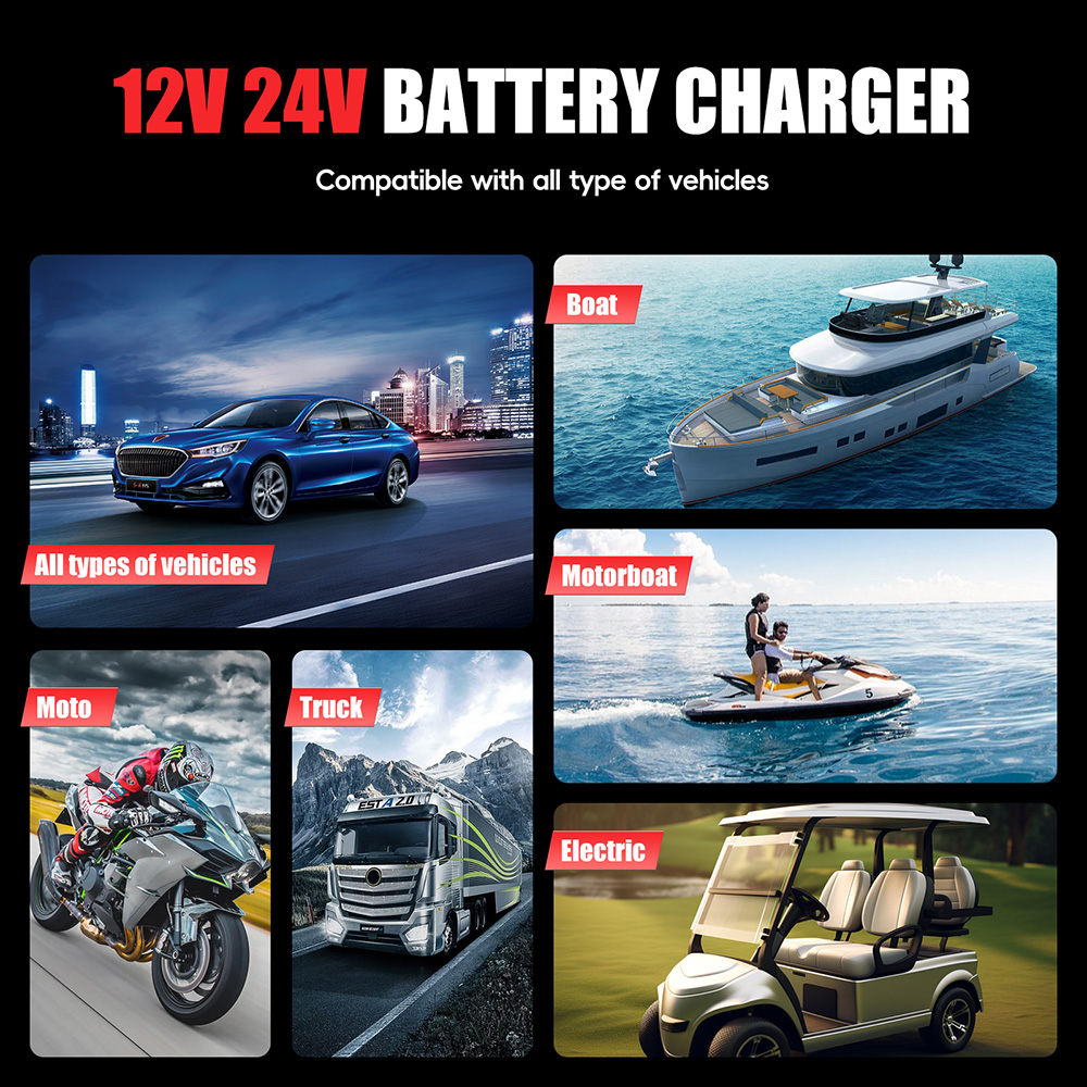 EAFC Auto-acculader 12V 25A/24V 15A Automatisch en motorfietsaccu-oplaadapparaat Loodzuur LiFiPO4,GEL, AGM-batterij