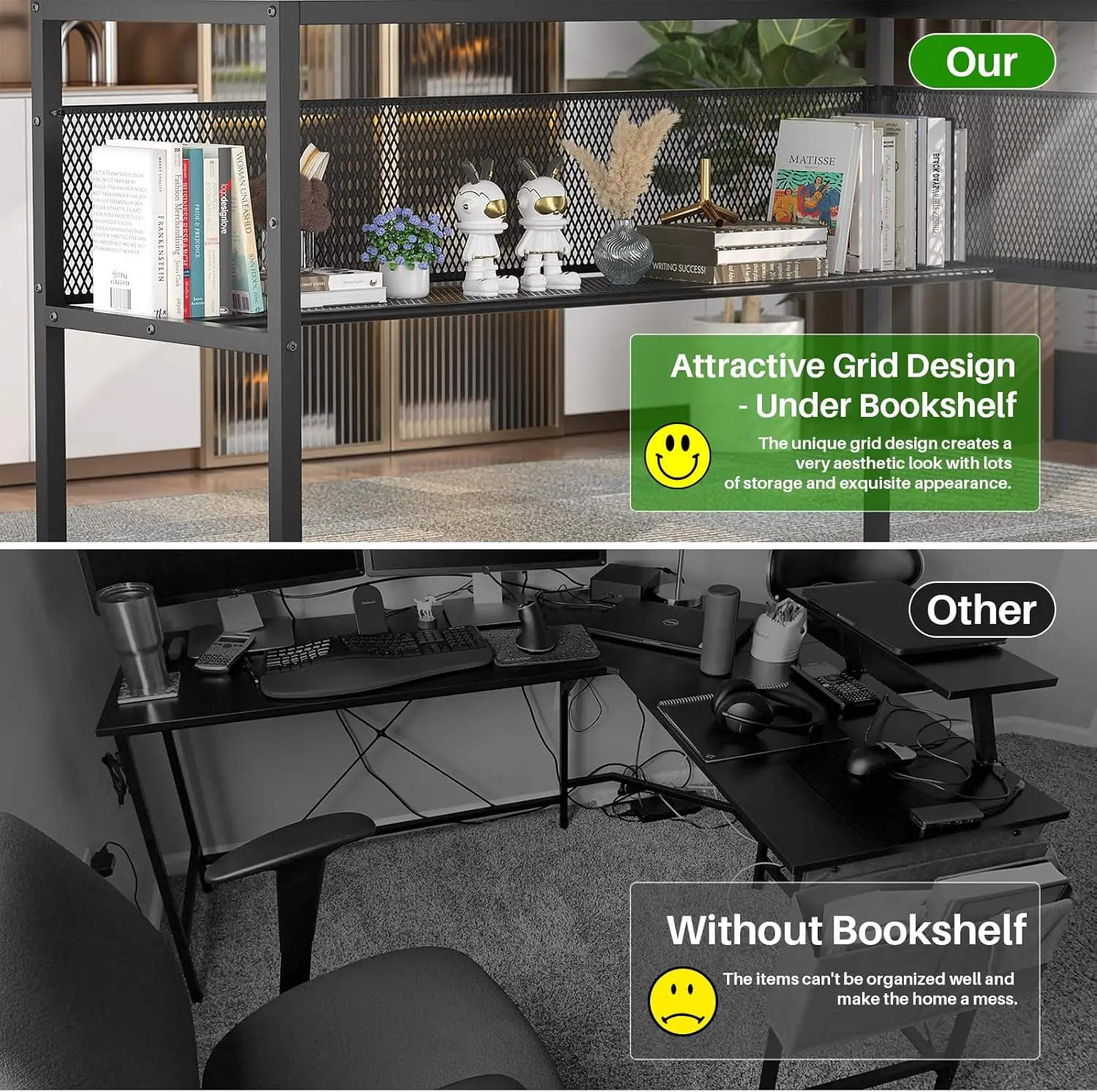L Shaped Desk with LED Light and Power Outlet, Reversible Corner Computer Table with Monitor Stand and Storage Shelf, Modern L-