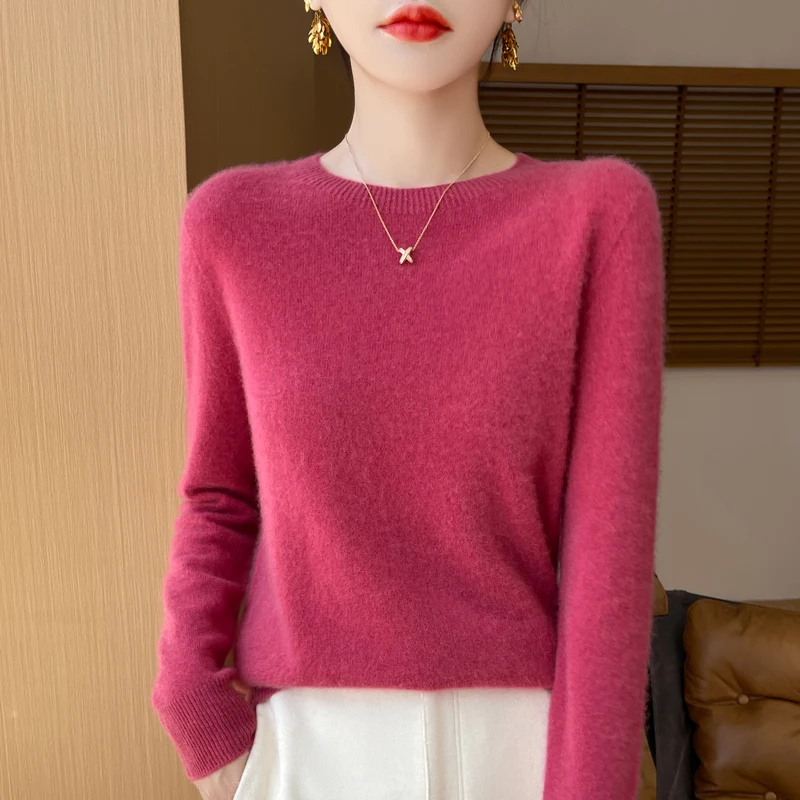 เสื้อสเวตเตอร์100% Merino สีพื้น, เสื้อสเวตเตอร์ถักคอกลมแขนยาวให้ความอบอุ่นทรงหลวมสีพื้นใหม่สำหรับฤดูใบไม้ร่วงและฤดูหนาว