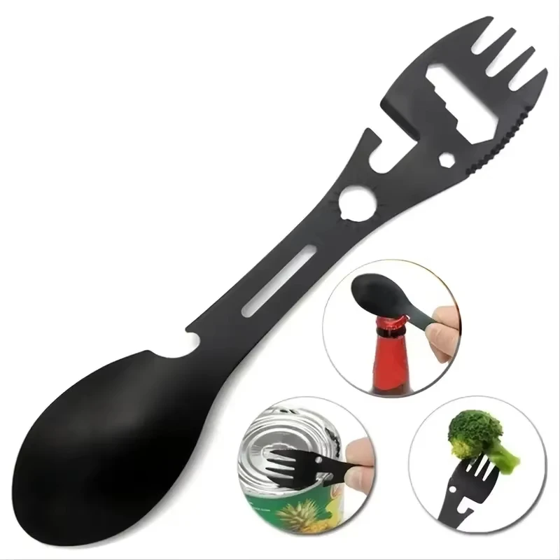 Coltello da campeggio multifunzionale con fischietto, forchetta da sopravvivenza all'aperto, cucchiaio da cucina, chiave multifunzionale apribottiglie