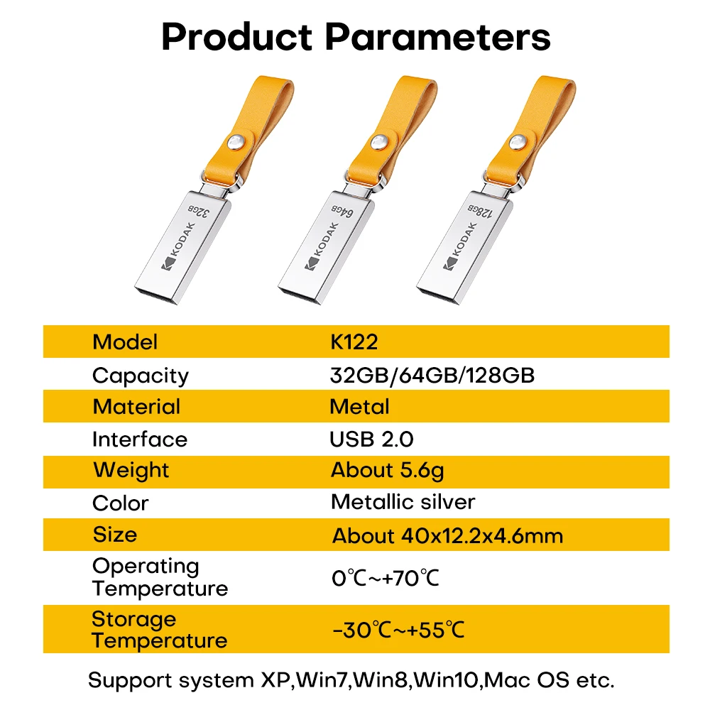 KODAK K122 Metalen USB2.0 Flash Drive Pendrive 32GB 64GB Hoge Snelheid Memory Stick U Disk 128GB metalen Pen Drive