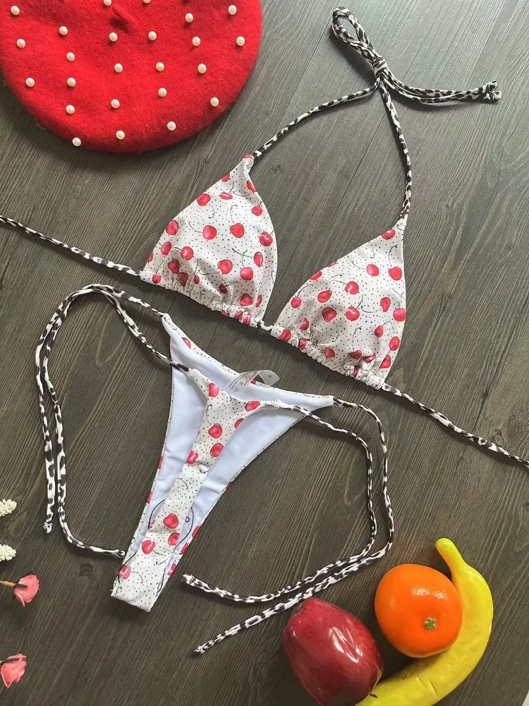 Maillots de bain femmes mignon cerise imprimé brésilien string Bikini ensemble Sexy string maillot de bain deux pièces maillot de bain femmes 2023 vêtements de plage