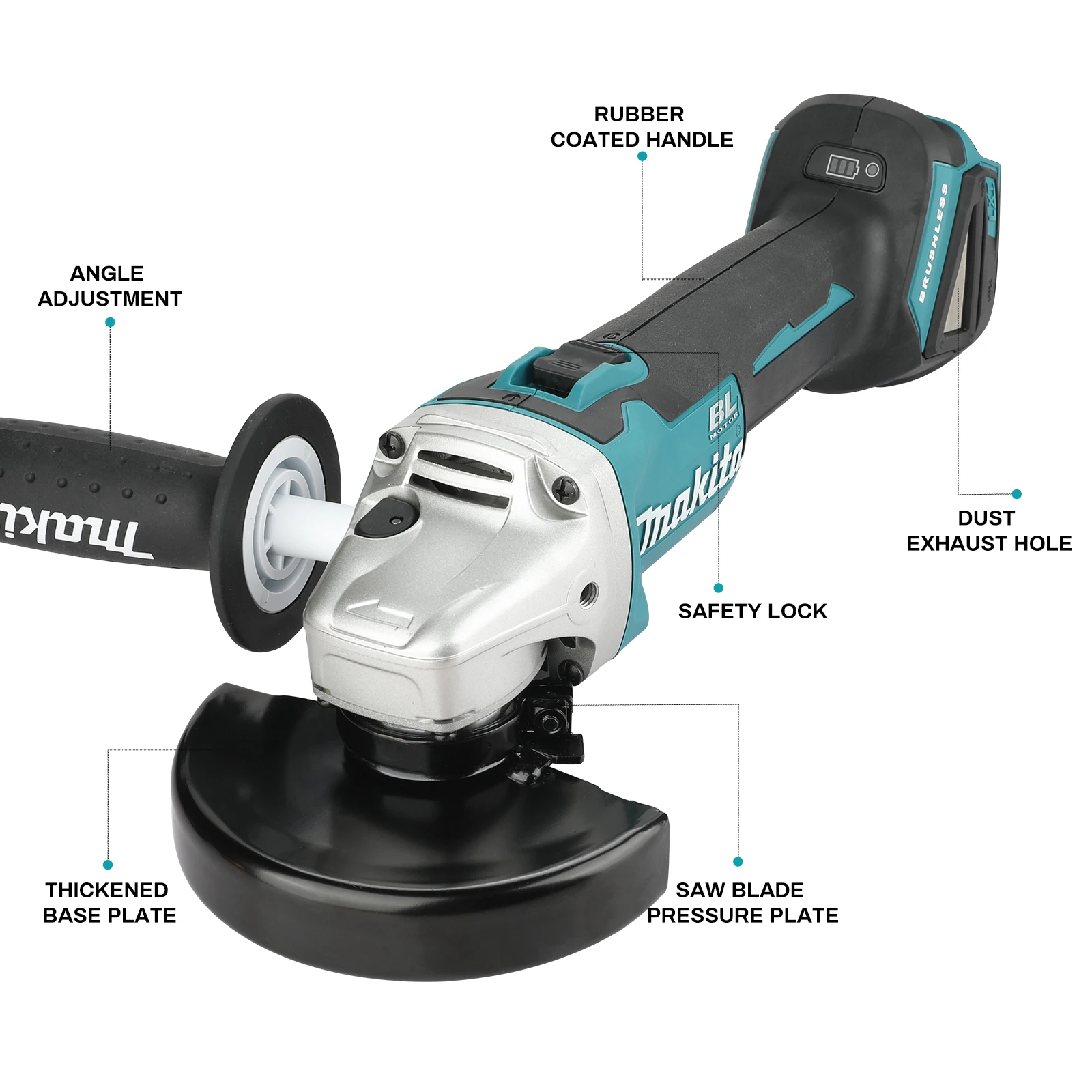 Makita DGA404 angle grinder tool kit, brushless motor, for metal processing, with ergonomic handle and portable transport bag