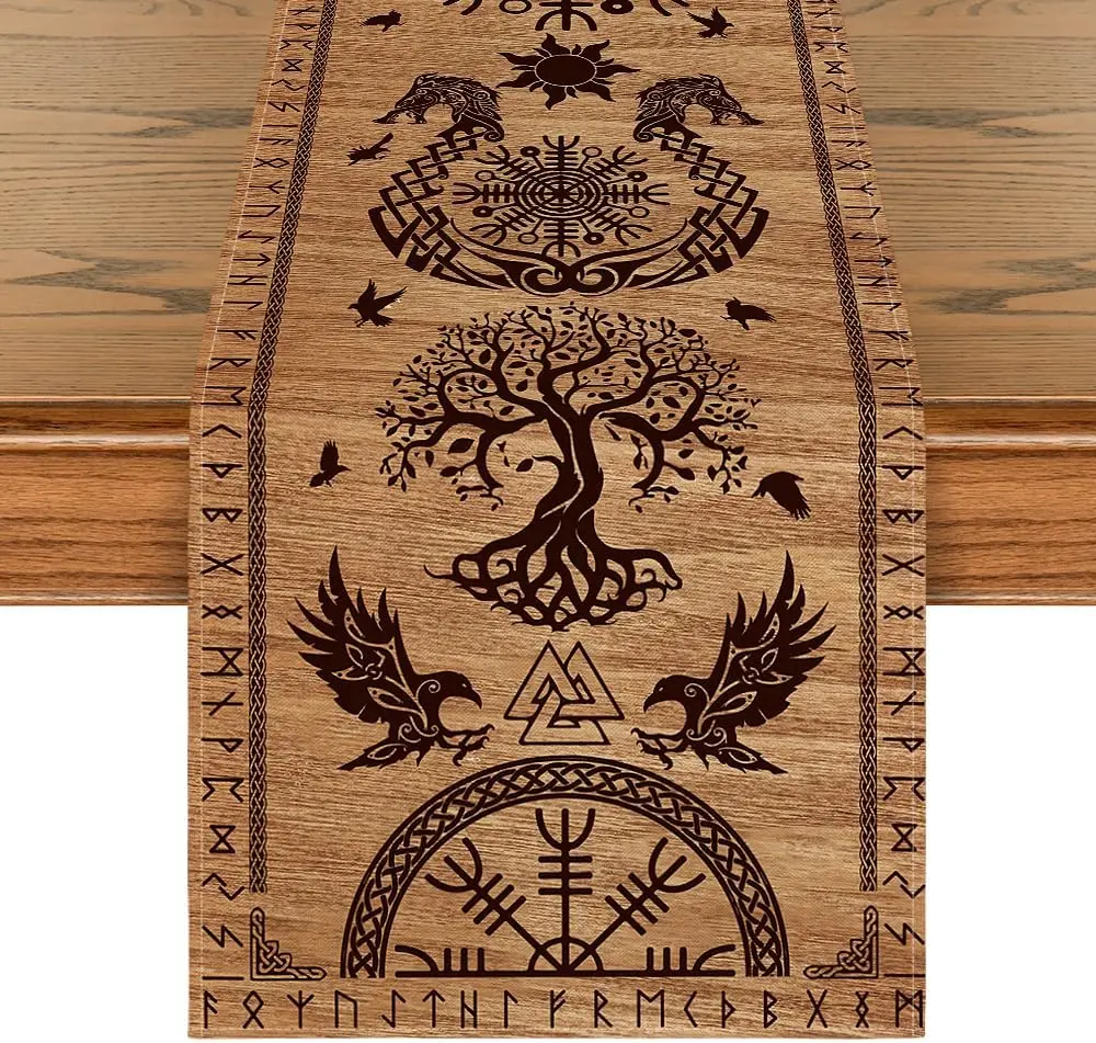Camino de mesa de lino con casco de cuervo vikingo Vintage, decoración para fiestas navideñas, camino de mesa de comedor de cocina reutilizable, decoración vikinga