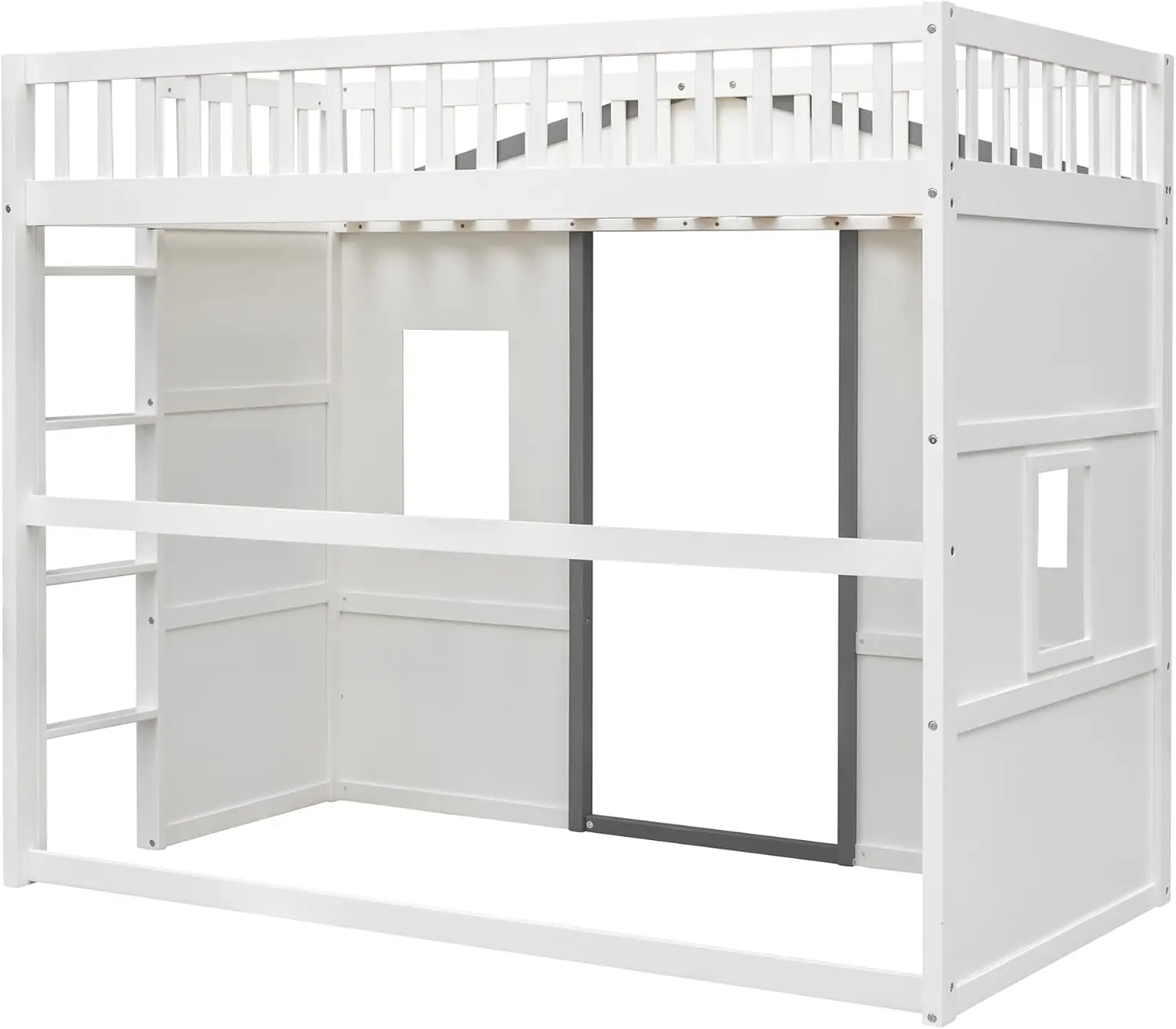 Kids Full Size Loft Bed Playhouse Design Window Ladder White Gray Solid Wood Frame Safety Space Saving Easy Assembly(Item Weight
