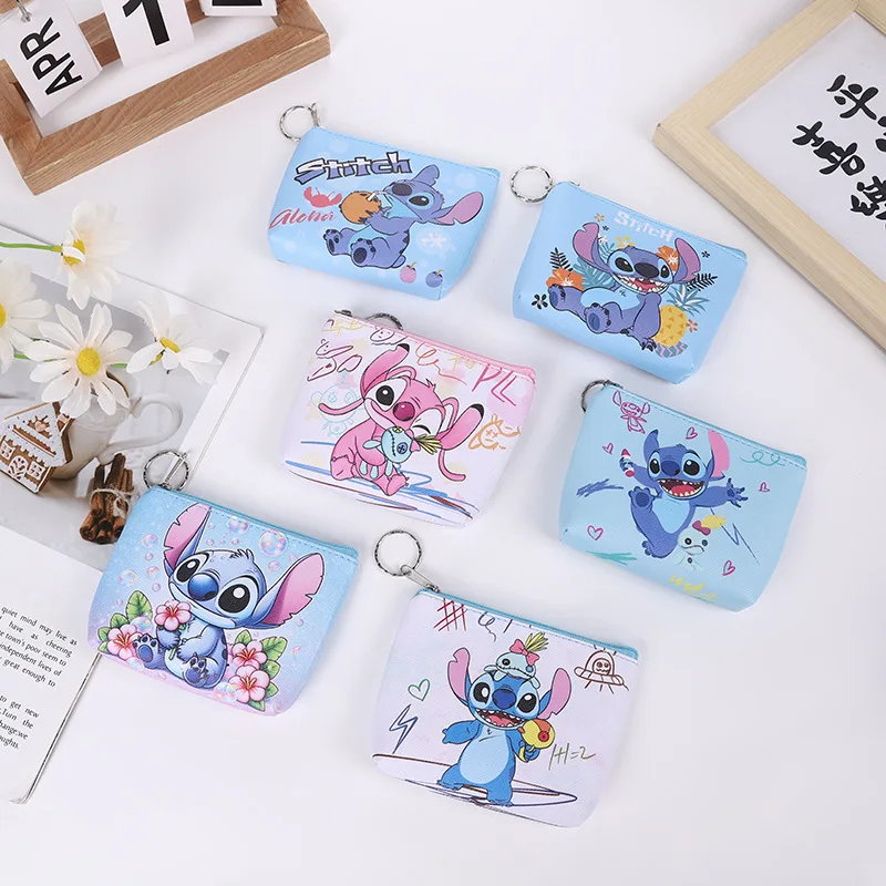 Disney stitch mini bolsa de moedas dos desenhos animados bonito anime pu chave caso saco de armazenamento crianças kawaii carteira presentes para crianças