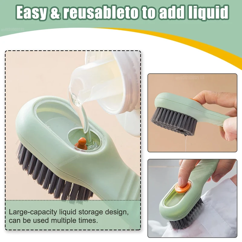 Brosse à chaussures à décharge automatique de liquide, multifonction, nettoyeur de chaussures à pression, poils souples, outil de nettoyage pour vêtements, 1/2 pièces