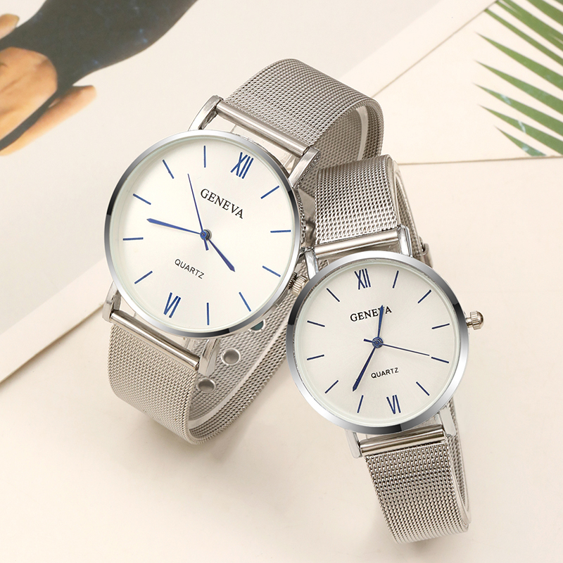 2 pçs conjunto casal moda casual relógios de luxo prata malha cinto relógio de pulso senhoras simples dial quartzo relógios de pulso vestido
