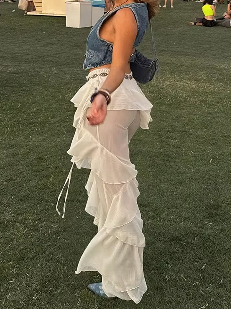 Raar Puss onregelmatige gelaagde flare broek dames Y2K patchwork doorzichtige zomer hipster wilde basic straat trend klassieke broek