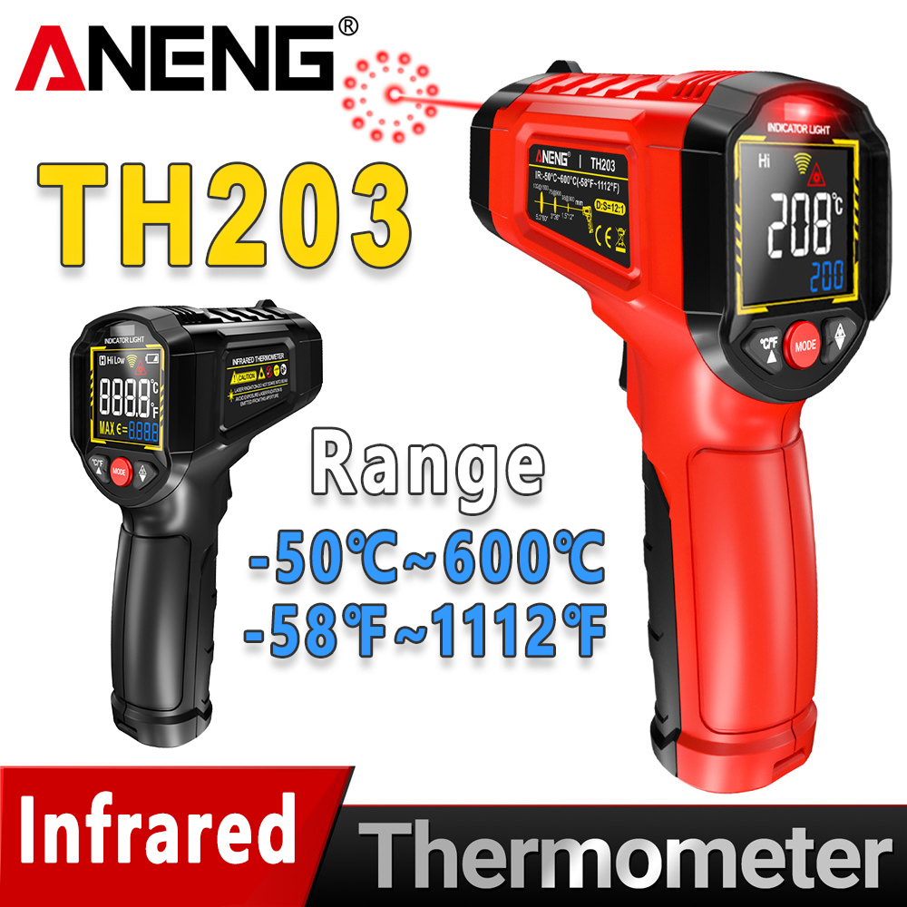 Termómetro infrarrojo digital ANENG TH203 -50 ~ 600 ℃   Medidor de temperatura Probador de pirómetro sin contacto Higrómetro IR Herramienta industrial