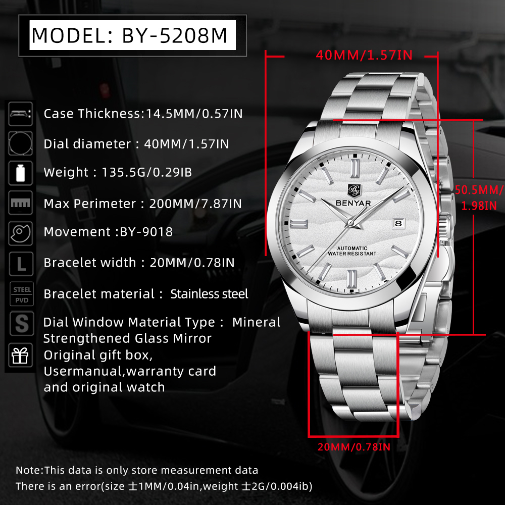 Benyar-男性用自動機械式腕時計,316lステンレス鋼,シンプル,5バール,防水,砂径,特別オファー,2024, 40mm