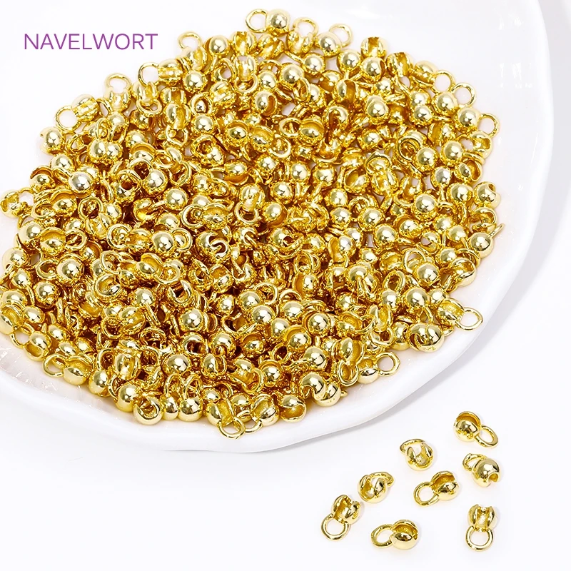 18K Gold Plated Brass 4mm Clam Shell Bead Tip Crimp Ends with Loop Crimp Beads For DIY Necklace Jewelry Making Accessories