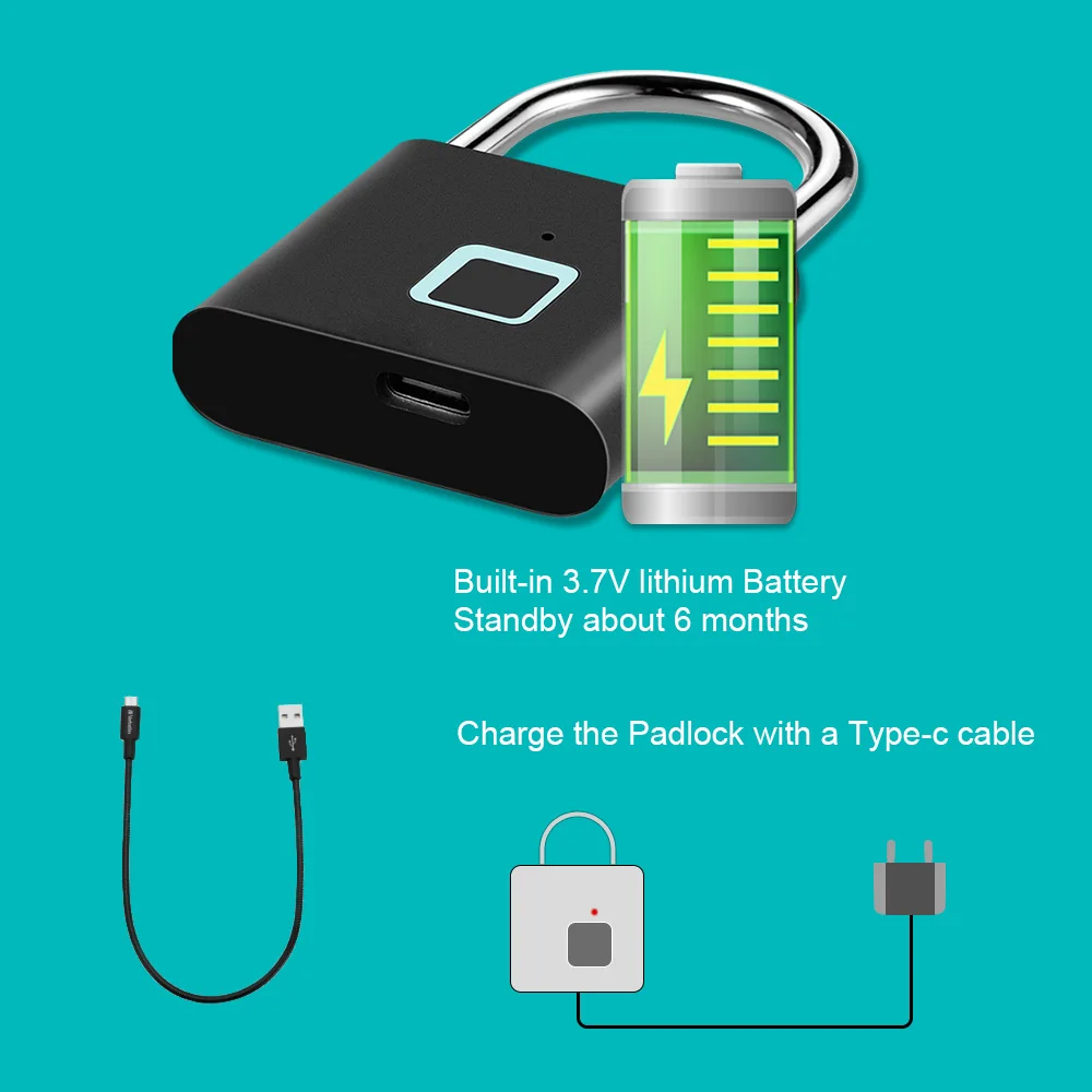 KERUI Smart Fingerprint Padlock Waterproof Zinc Alloy Biometric Padlocks With Built-in Rechargeable Battery Door Lock