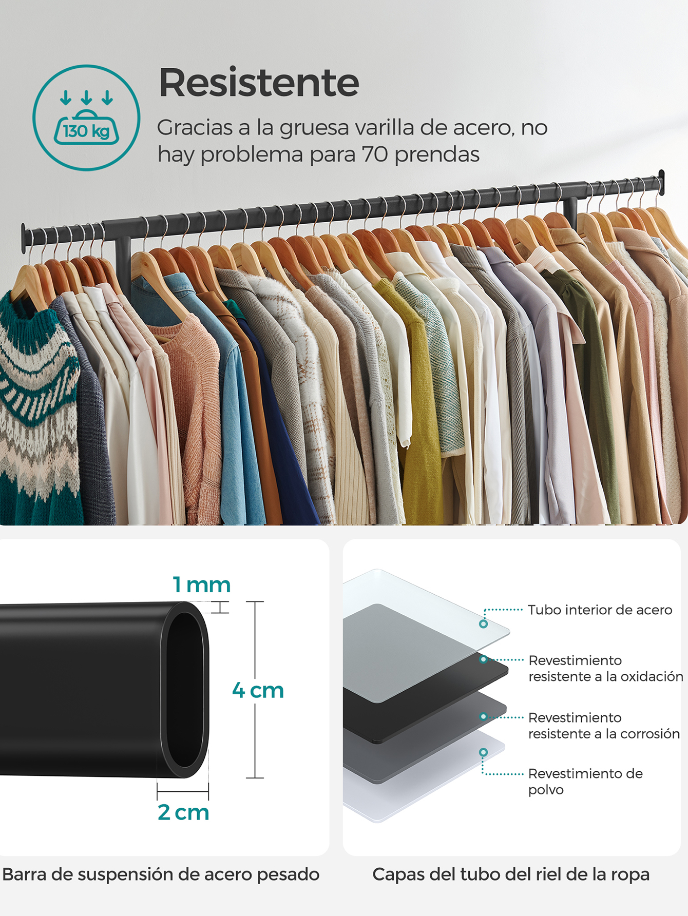 SONGMICS Burro Ropa con Ruedas, Perchero Burro Extensible con Carga Pesada, Capacidad de Carga de 130 kg, Fácil de Montar, Portátil, Blanco Mate/Negro Mate/Plata